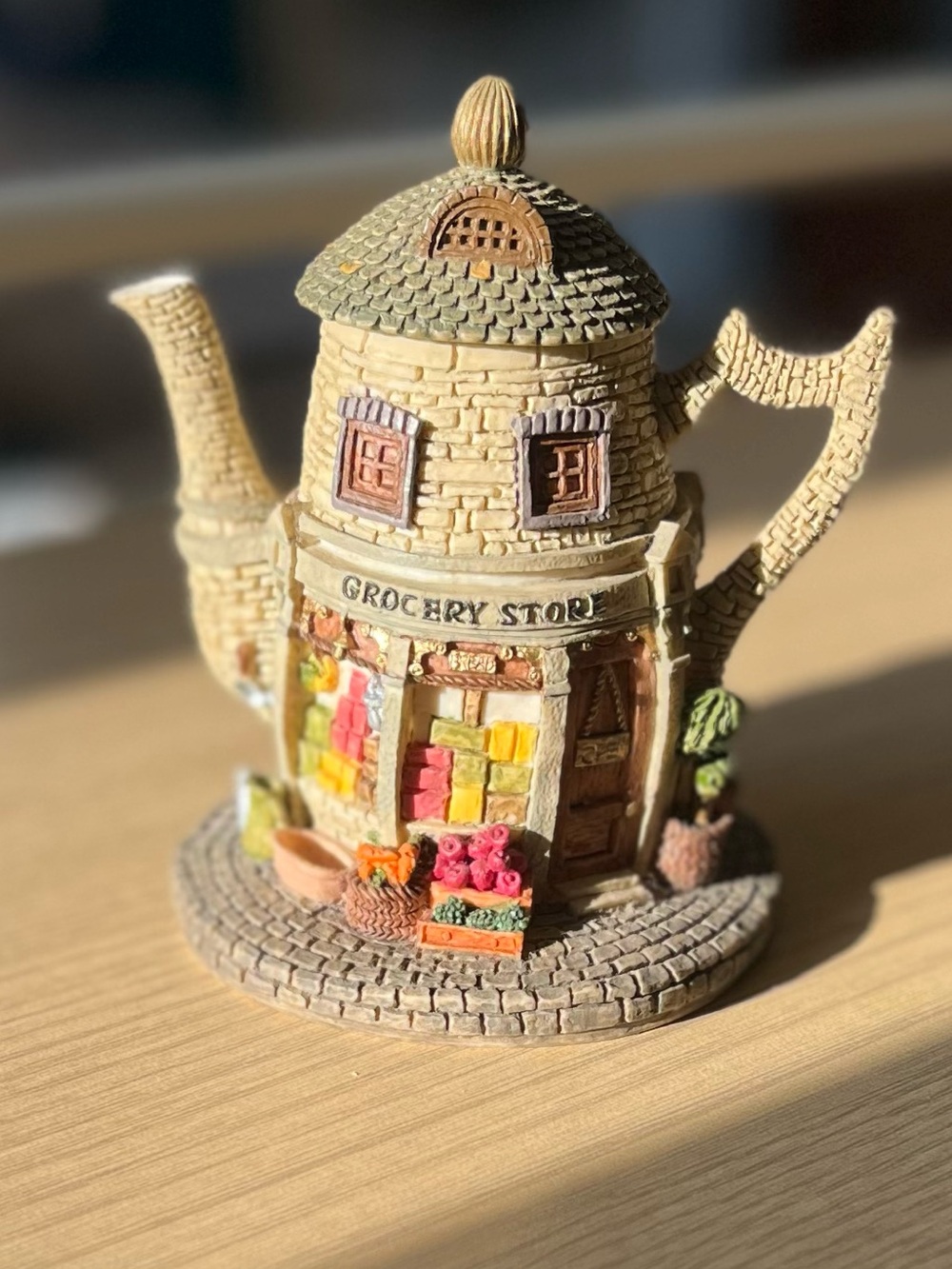 Vintage Hometown Teapot Cottages Grocery Store Figurine Trinket Holder
